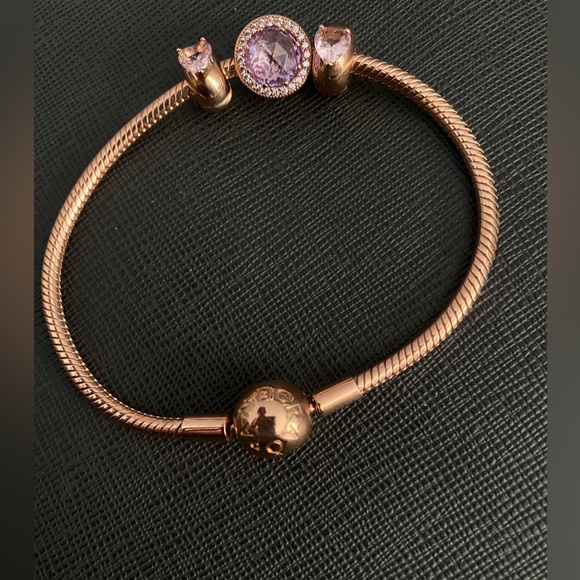 Pandora Rose Gold Snake Chain Bracelet with 3 charms - Picture 4 of 5